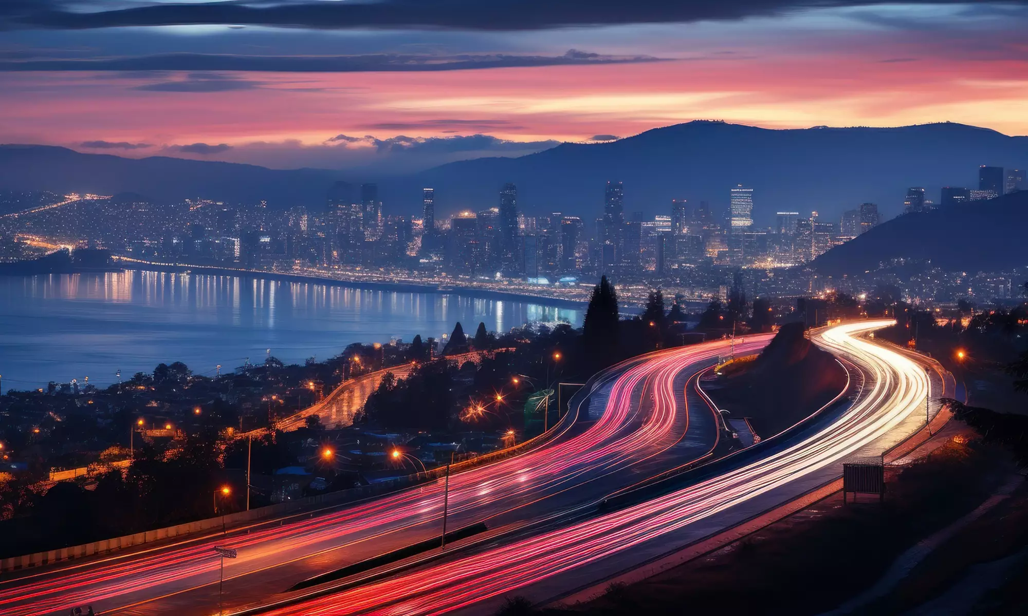 在落日海灣的背景下，夜晚高速公路上的抽象高速運動